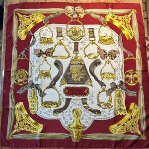 Vintage Hermes Etriers Silk Scarf Crimson and Gold by Françoise de la Perriere